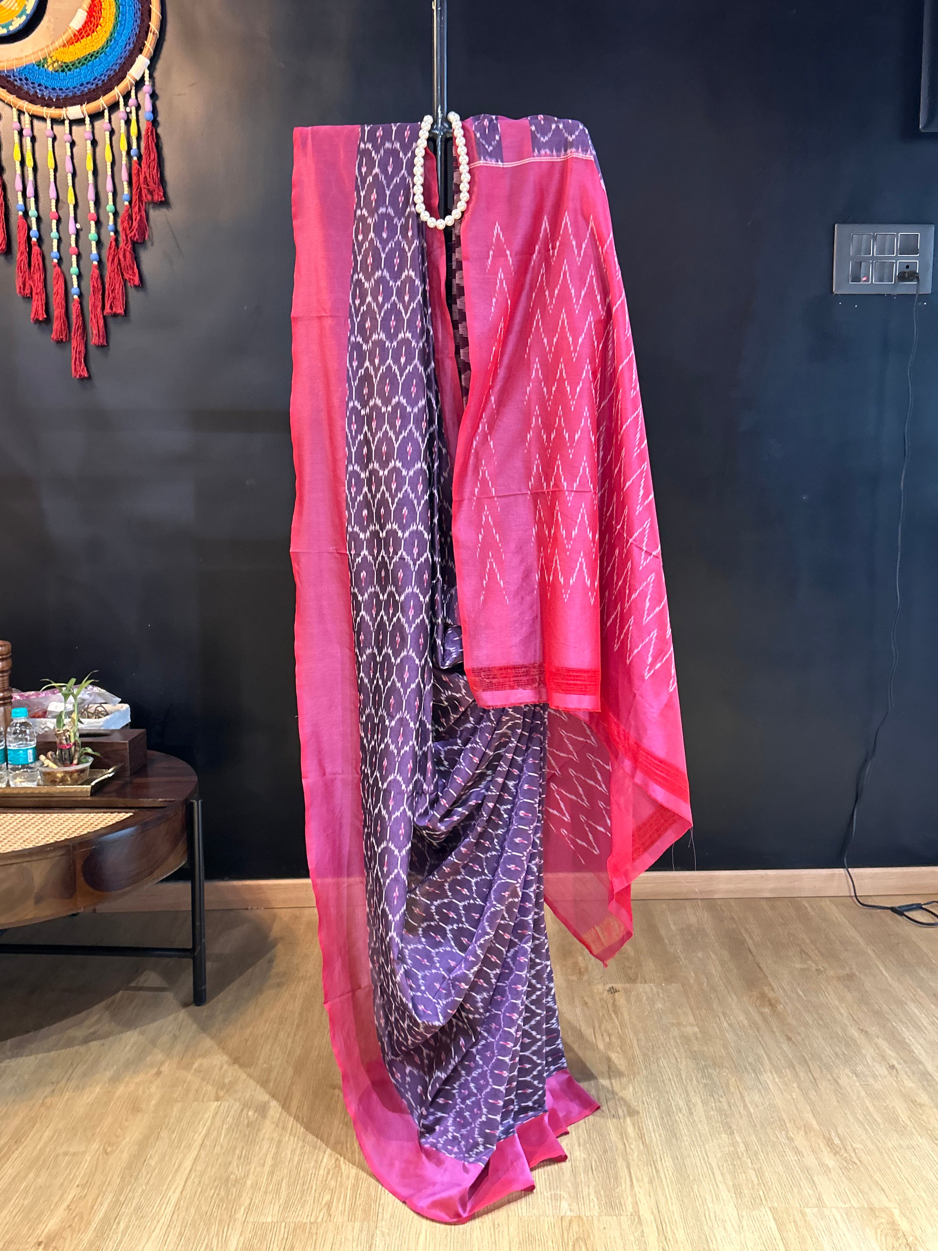 Pink & Dark Purple Mercerised Pure Ikkat Cotton Silk