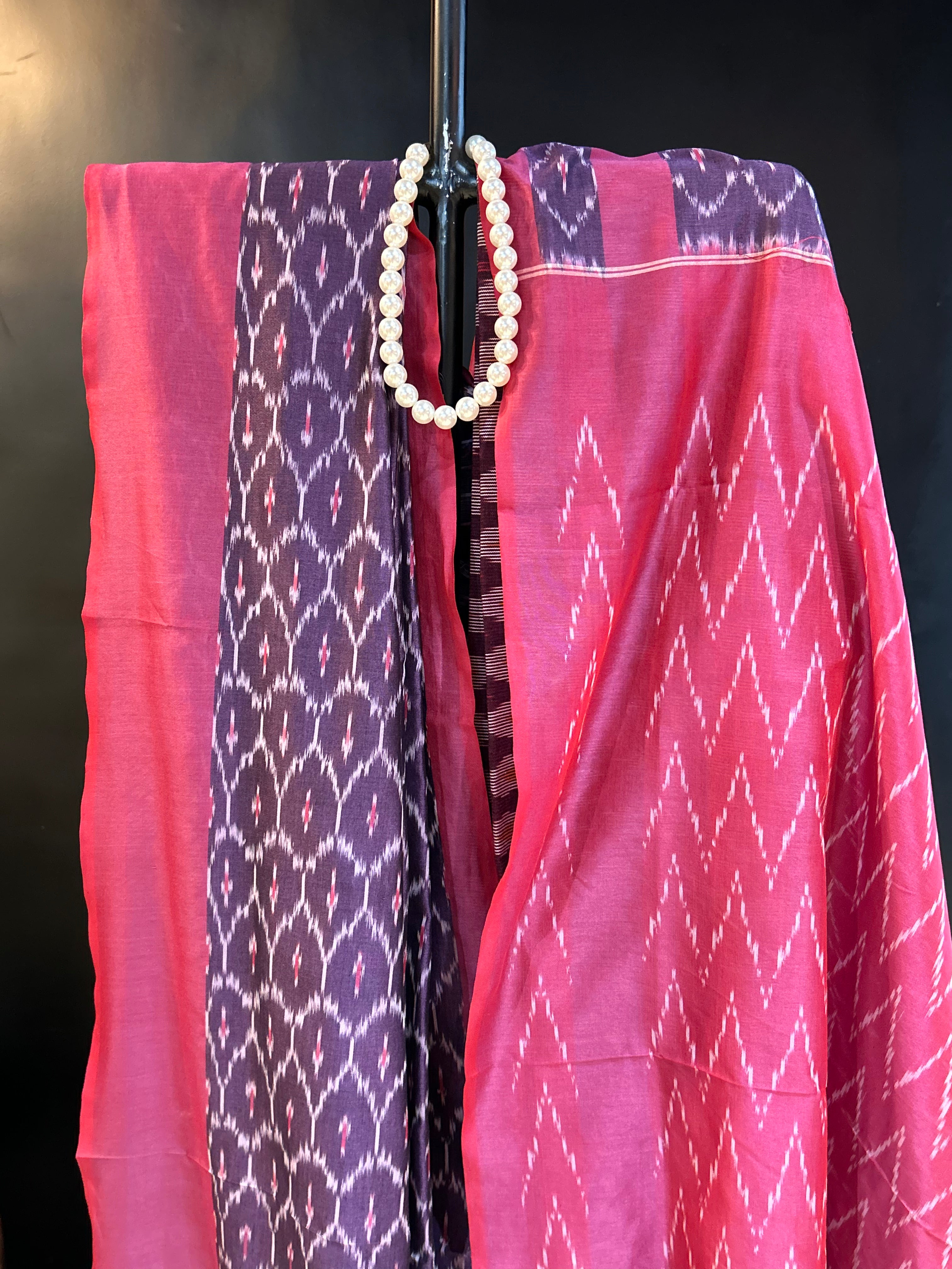 Pink & Dark Purple Mercerised Pure Ikkat Cotton Silk