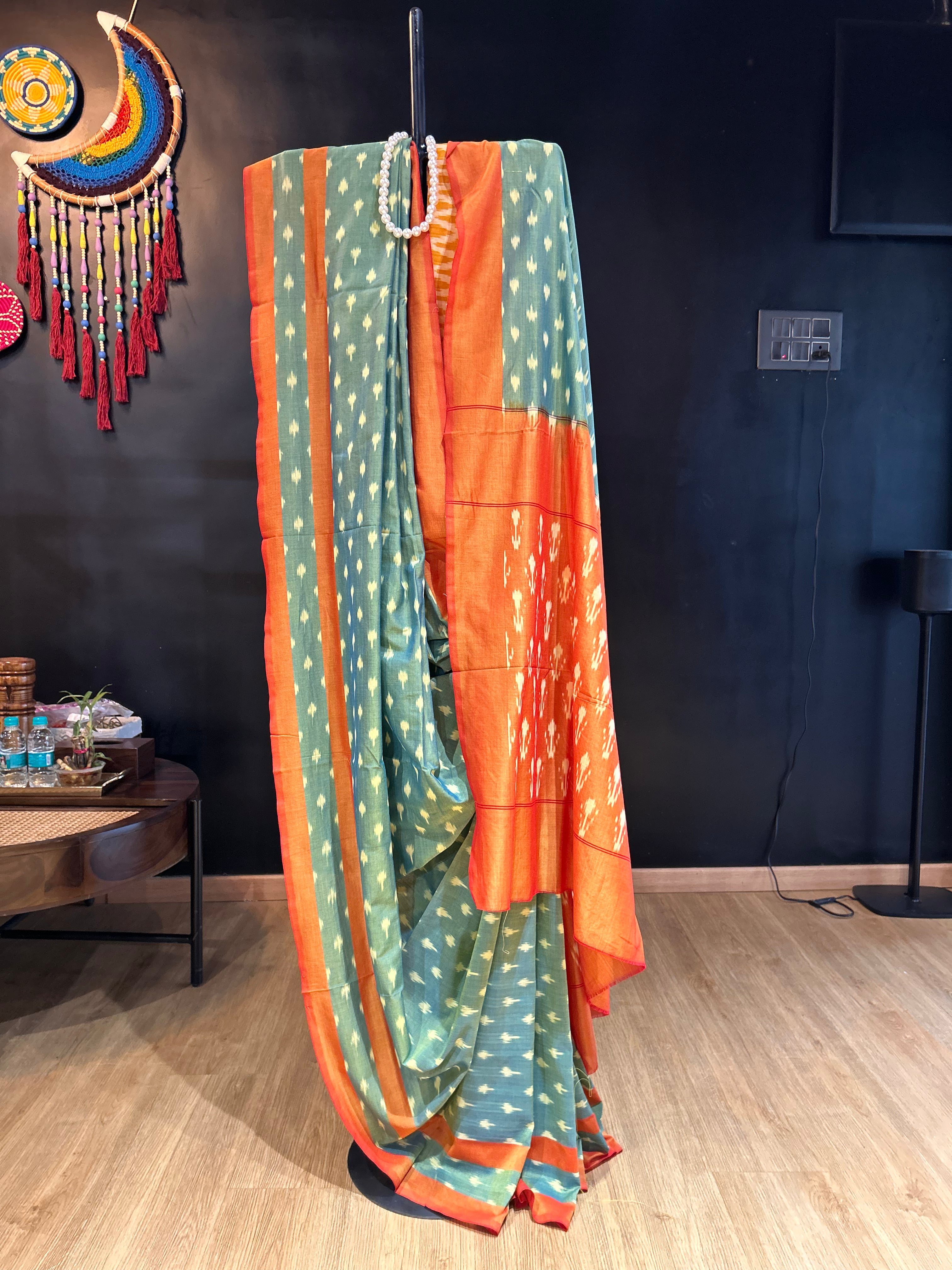 Sea Green & Orange Mercerised Pure Ikkat Cotton Silk