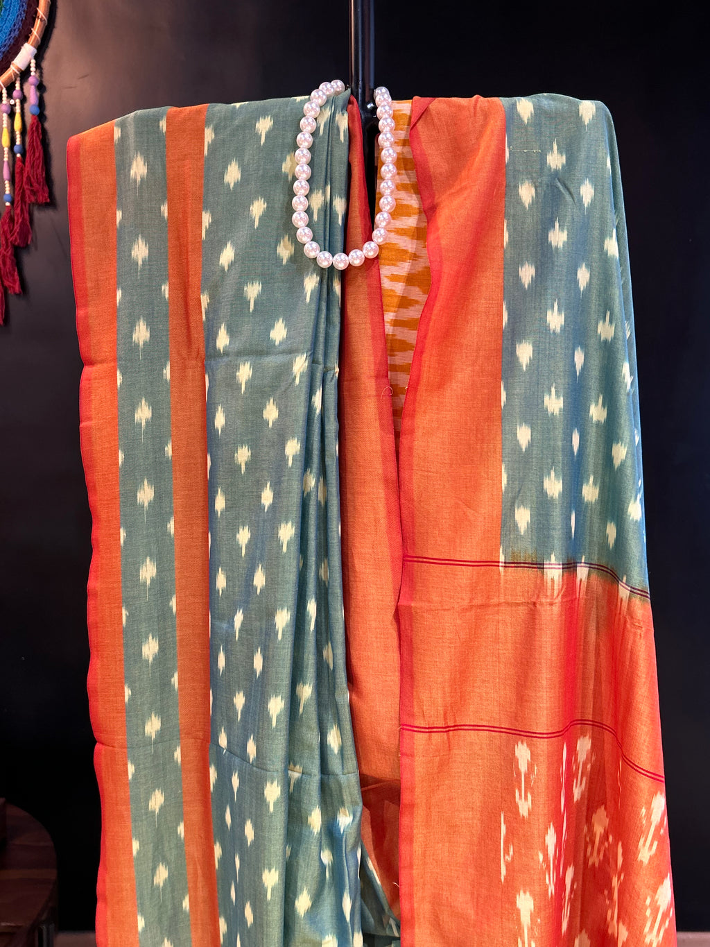 Sea Green & Orange Mercerised Pure Ikkat Cotton Silk