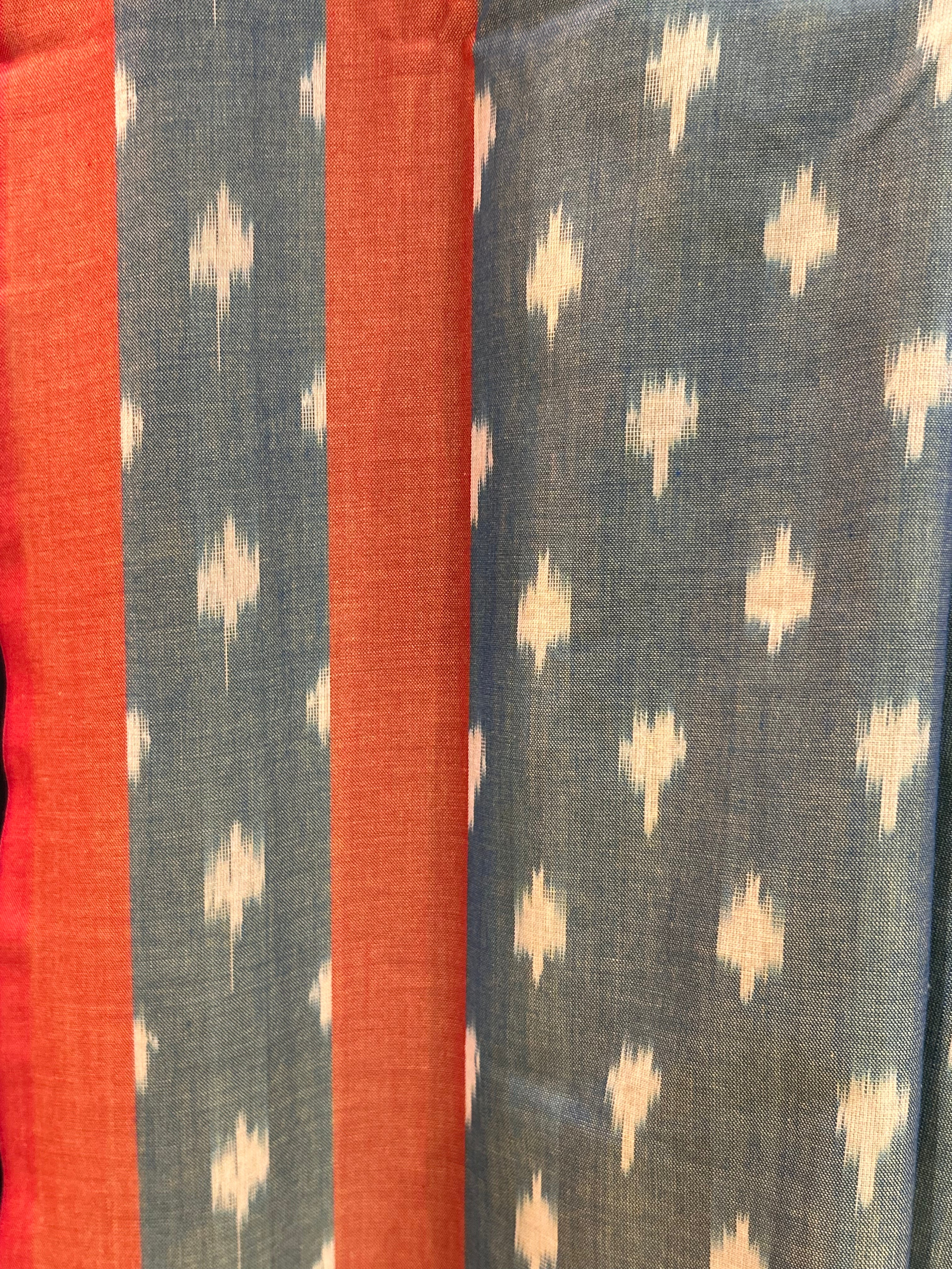 Sea Green & Orange Mercerised Pure Ikkat Cotton Silk