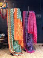 Pink & Dark Purple Mercerised Pure Ikkat Cotton Silk