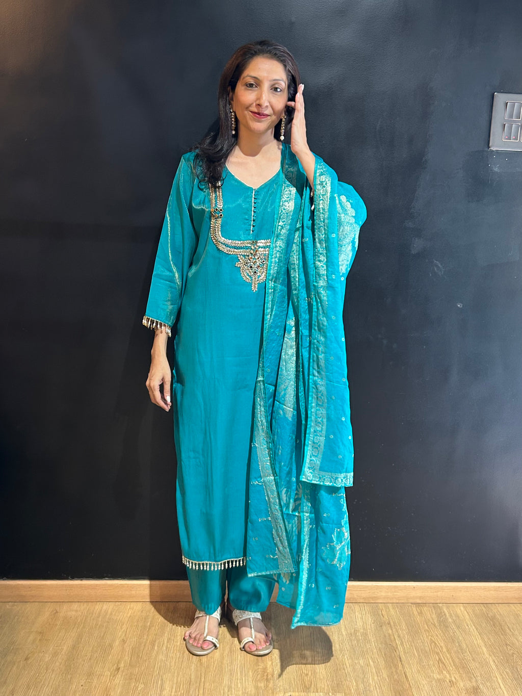 Teal Blue Tissue Silk Kurta Set