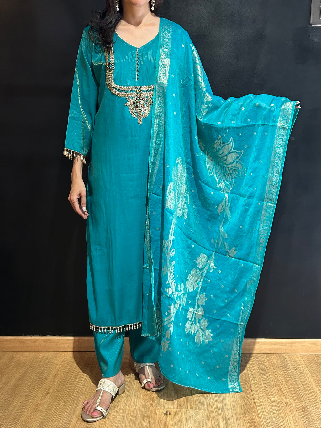 Teal Blue Tissue Silk Kurta Set