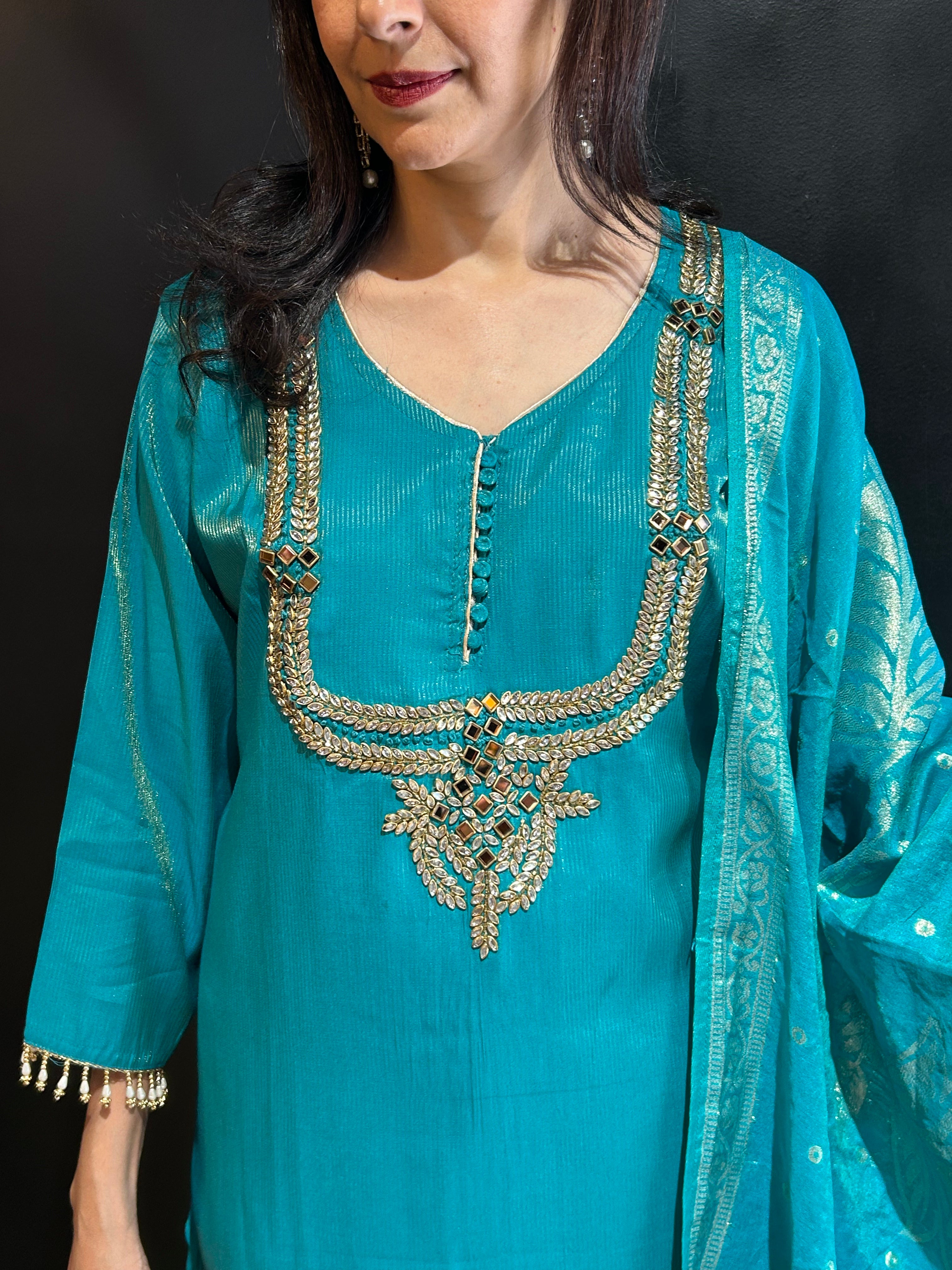 Teal Blue Tissue Silk Kurta Set