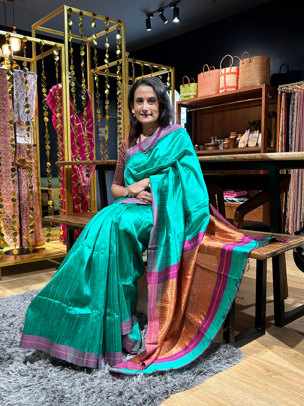 Tussar Silk Teal Green  Saree