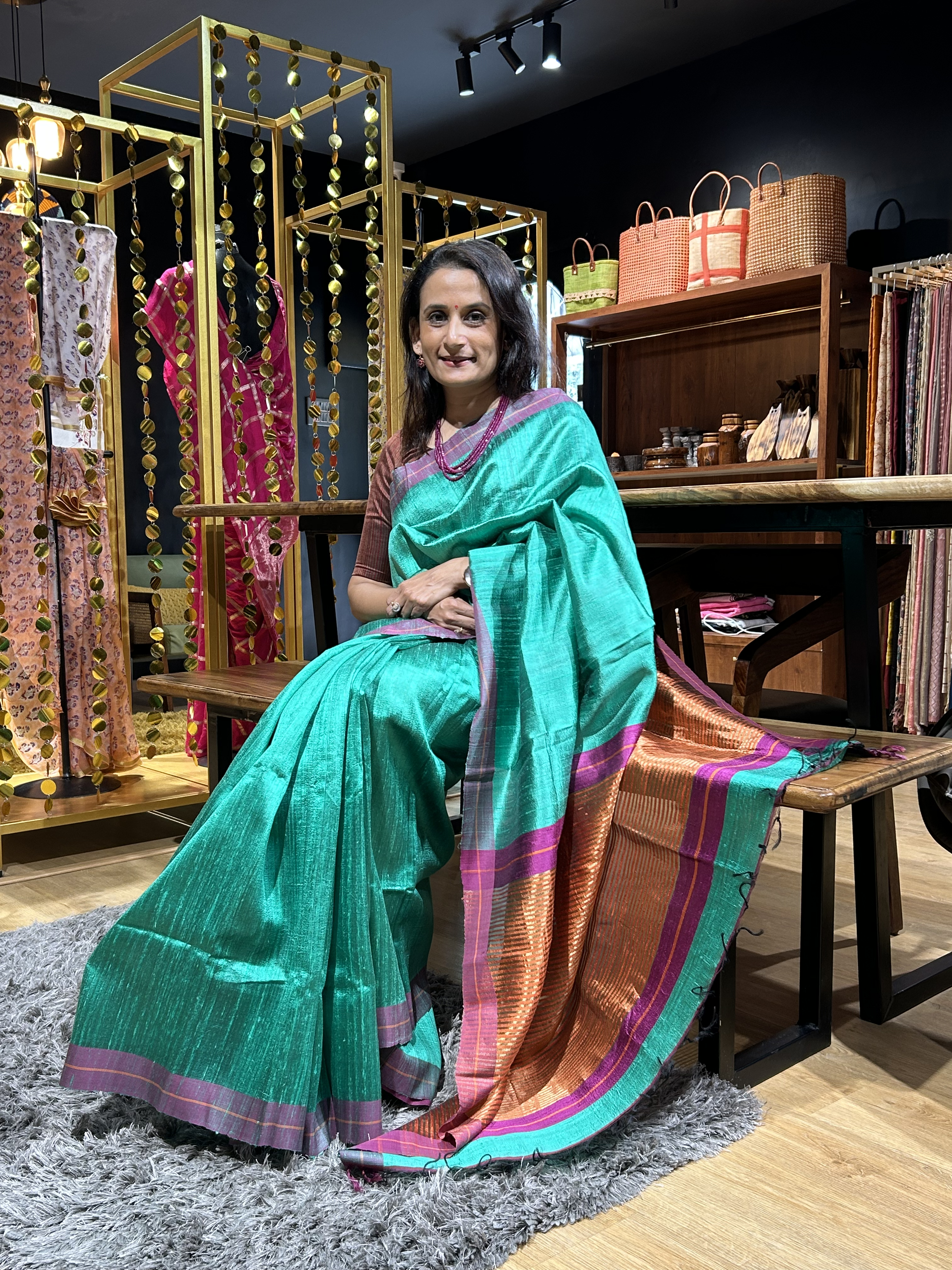 Tussar Silk Teal Green  Saree