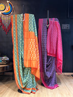 Sea Green & Orange Mercerised Pure Ikkat Cotton Silk