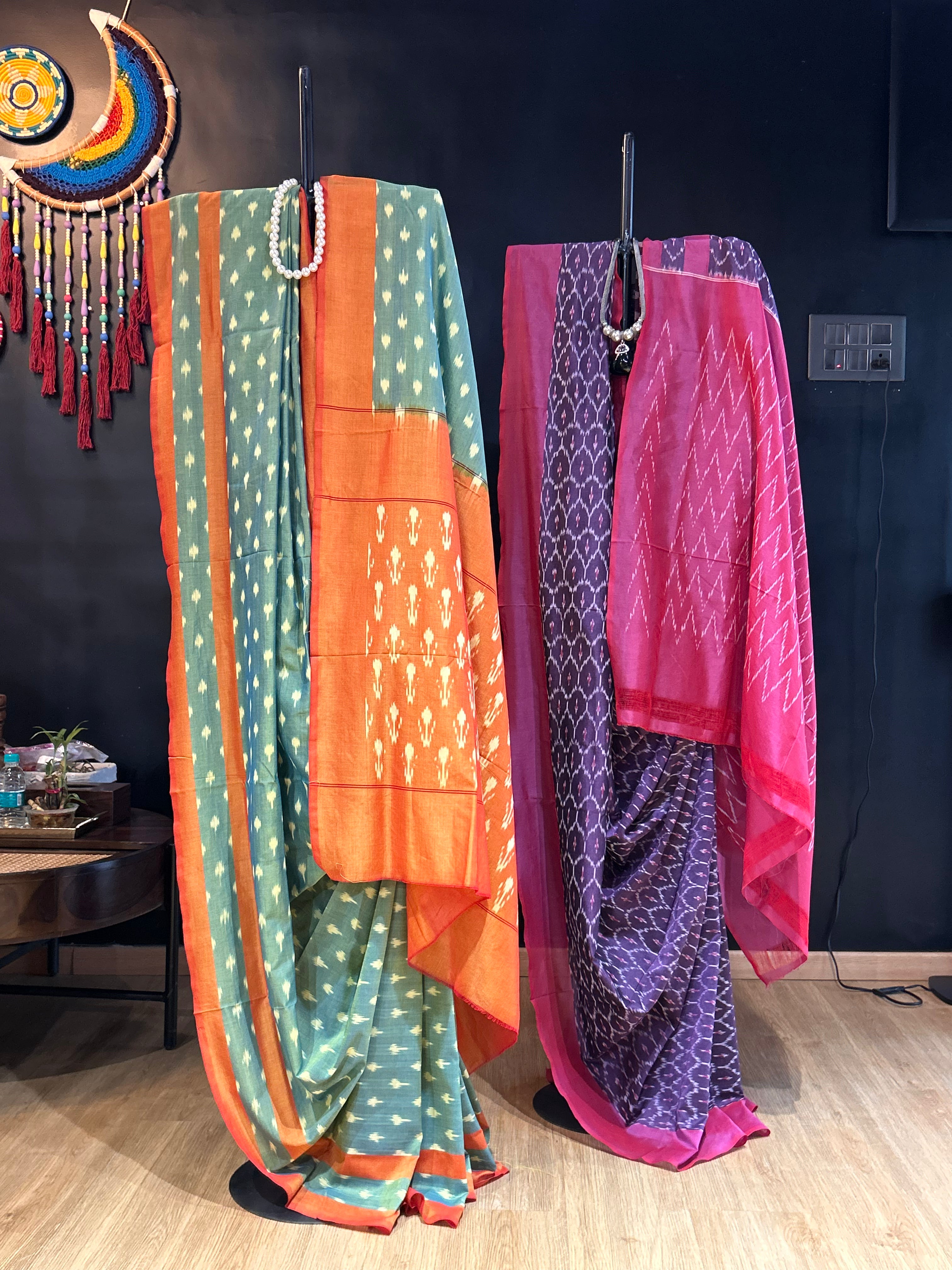 Sea Green & Orange Mercerised Pure Ikkat Cotton Silk